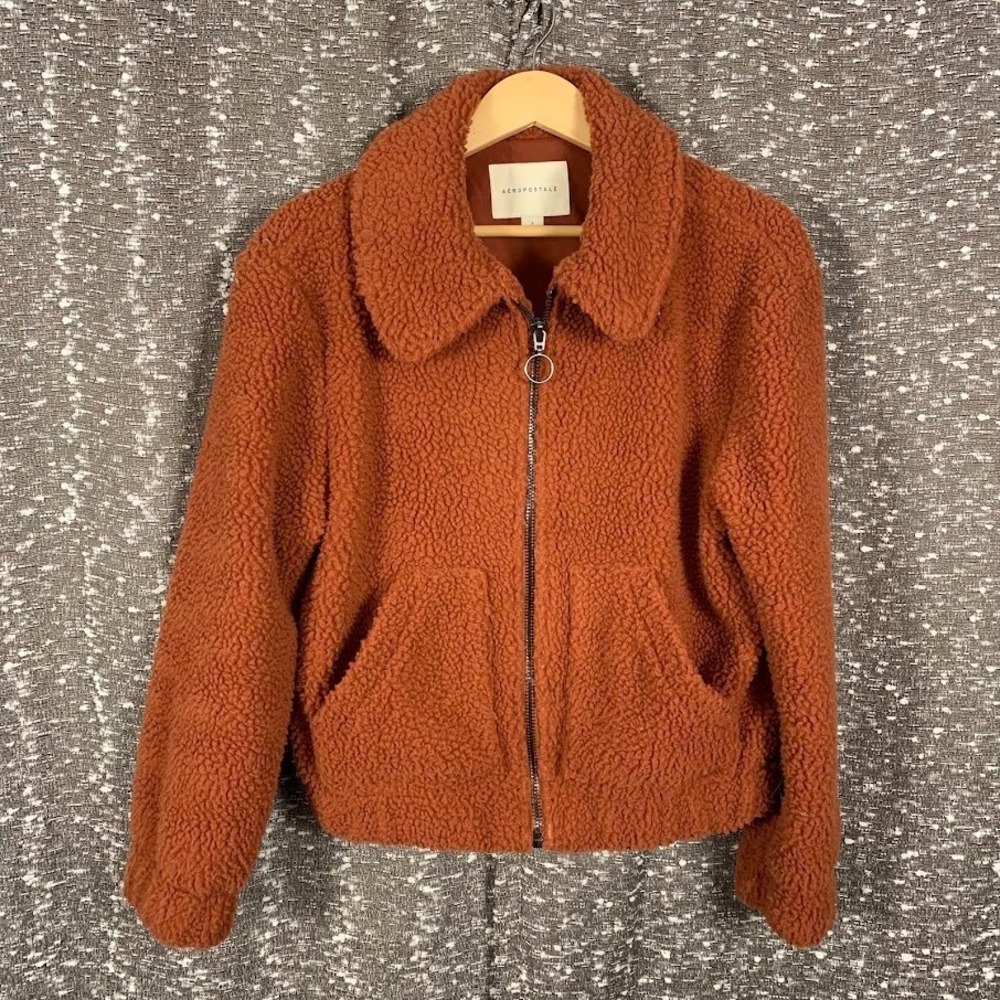 Aeropostale Teddy Bear Rust Jacket Cropped Sherpa‎ Cozy Boho Women's Small